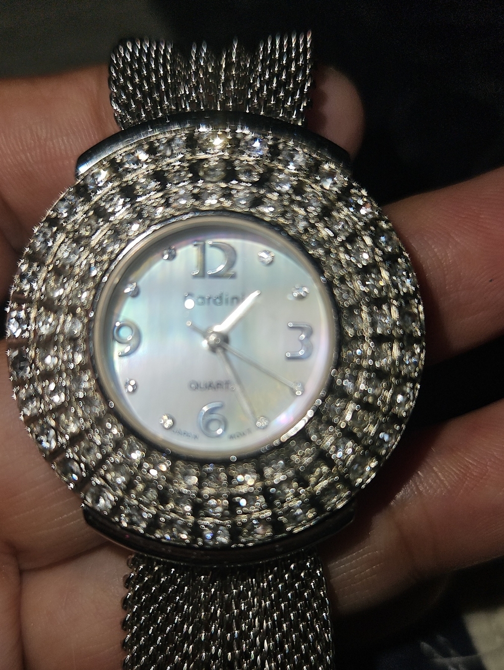 Vtg Cardini Silver Crystal Mesh Bracelet Watch - Silver Mother Of Pearl